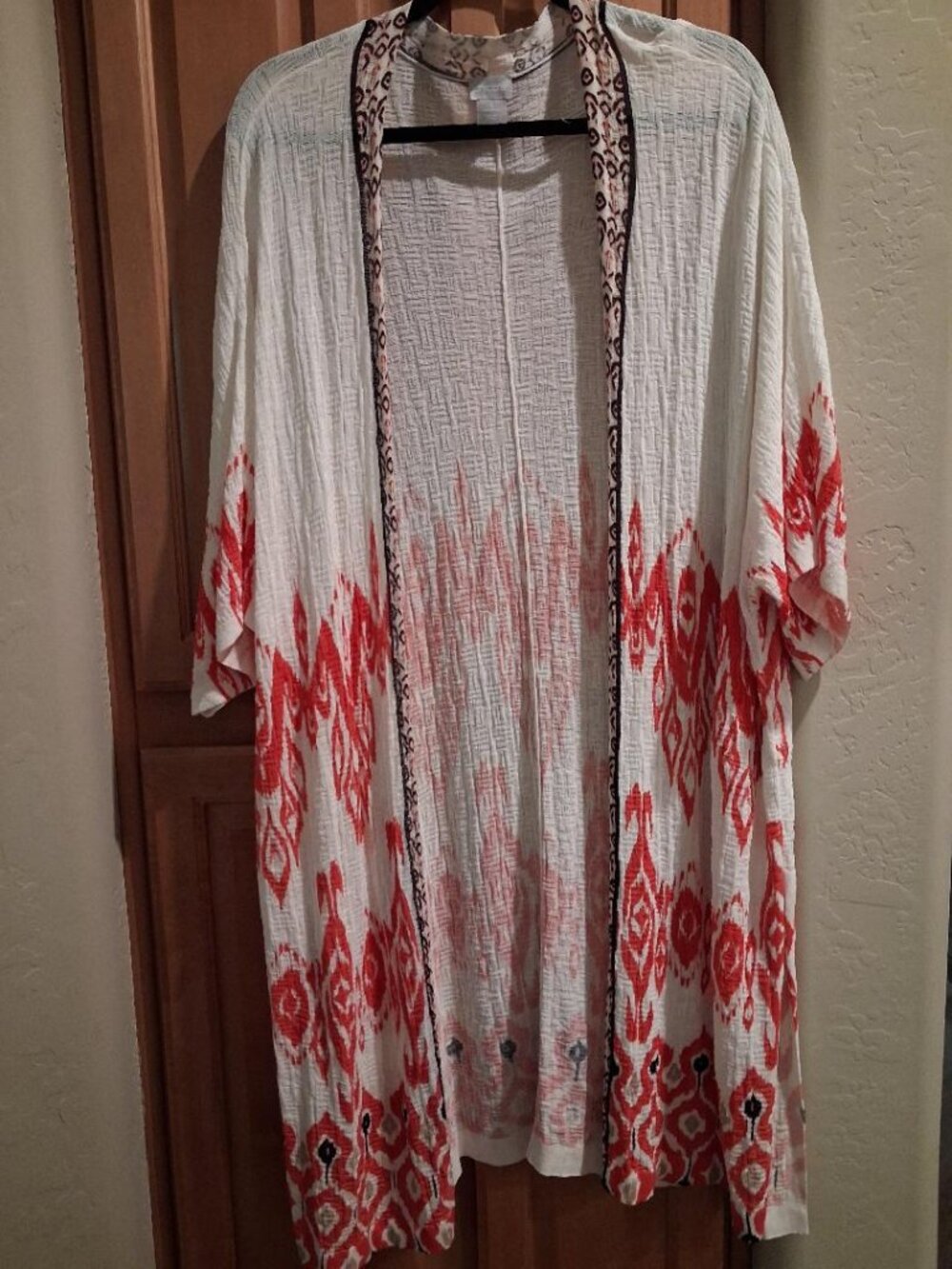 Chico's boho cotton tunic cardigan jacket in cream w/ red, blue, & brown XL